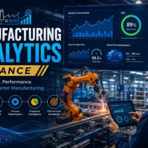 Educational banner for Manufacturing Analytics Advance course with industrial analytics visuals