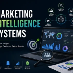 Professional course image for Marketing Intelligence Systems with analytics visuals