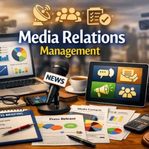 Educational course image for Media Relations Management with PR and media visuals