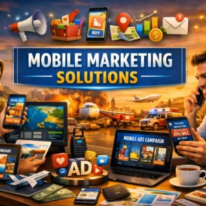 Professional Mobile Marketing Solutions course banner showing smartphones, analytics dashboards, and digital ads