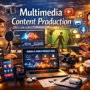 Professional Multimedia Content Production course image with video, audio, and design visuals