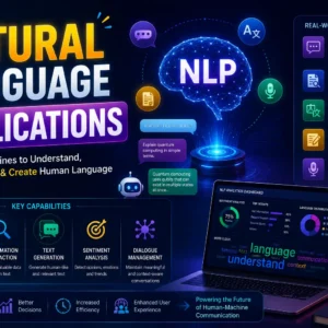 Educational banner for Natural Language Applications course with AI and text processing visuals