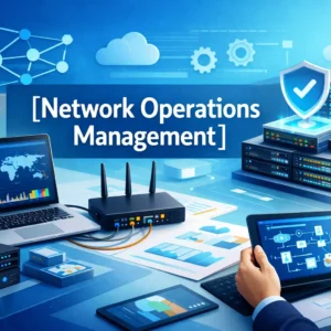 Educational banner for Network Operations Management course with servers and monitoring visuals