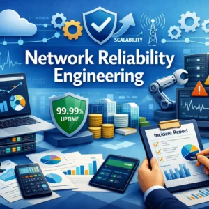 Educational banner for Network Reliability Engineering course with servers and uptime visuals