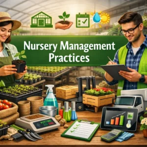 Modern educational banner for Nursery Management Practices course showing greenhouse and plant care tools