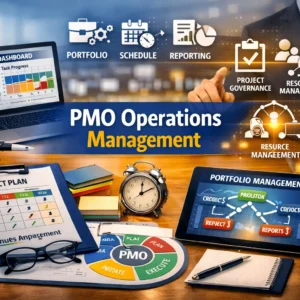 Professional PMO Operations Management course image with project governance and portfolio visuals