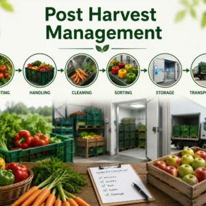 Modern educational banner for Post Harvest Management course showing students and agricultural technology