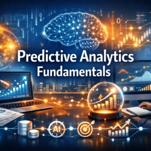 Educational banner for Predictive Analytics Fundamentals course with data graphs and AI visuals