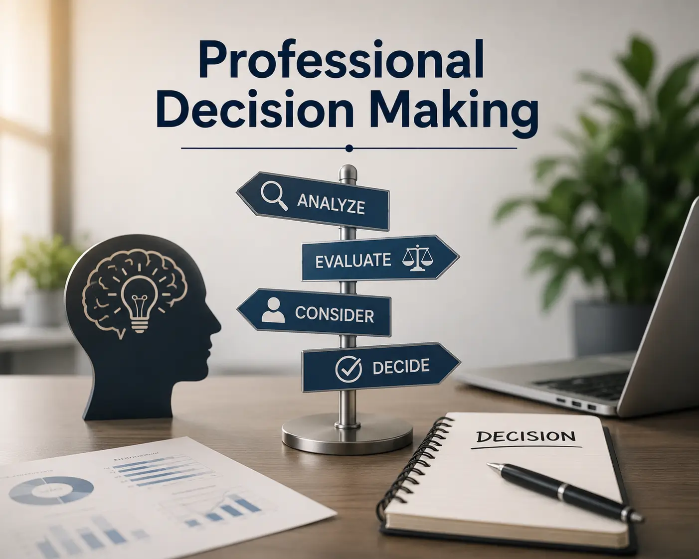High-quality educational image for Professional Decision Making course showing workplace strategy and problem-solving