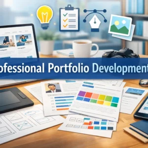 Professional Portfolio Development course image with resume, design tools, and portfolio visuals