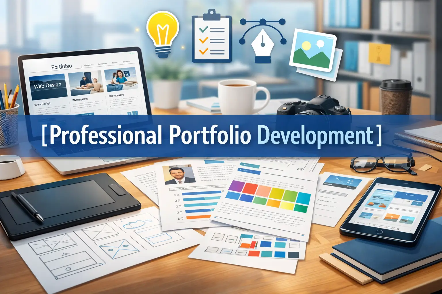 Professional Portfolio Development course image with resume, design tools, and portfolio visuals