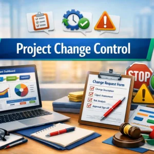 Educational course image for Project Change Control with workflow visuals