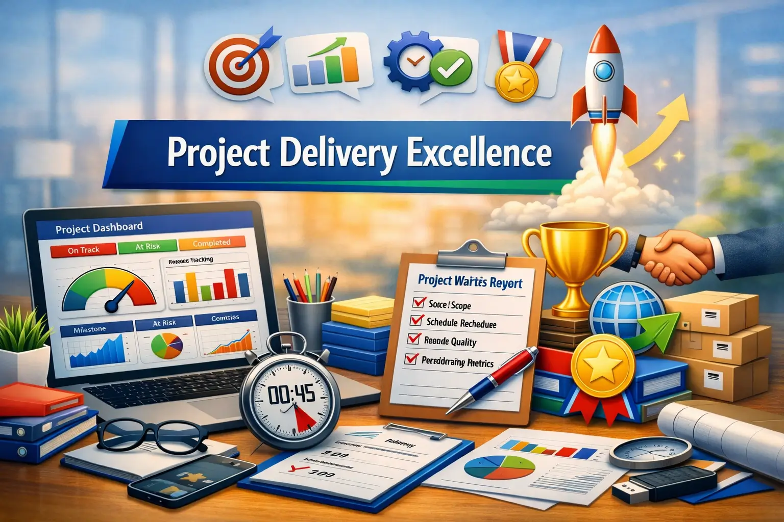 Educational course image for Project Delivery Excellence with delivery and success visuals