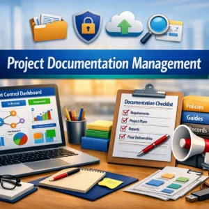 Educational course image for Project Documentation Management with document visuals