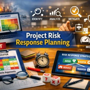 Professional Project Risk Response Planning course image with risk matrix and mitigation visuals