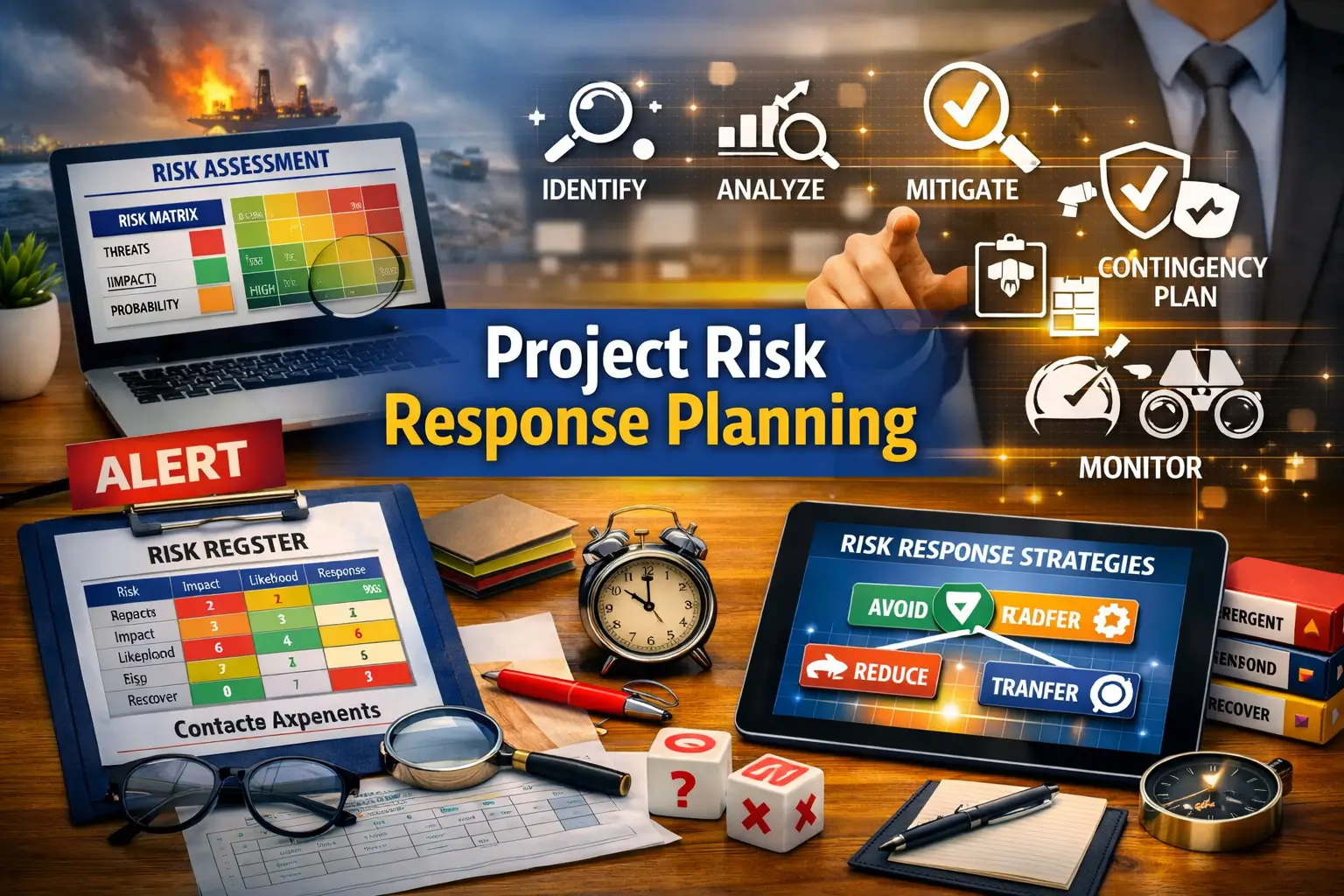 Professional Project Risk Response Planning course image with risk matrix and mitigation visuals