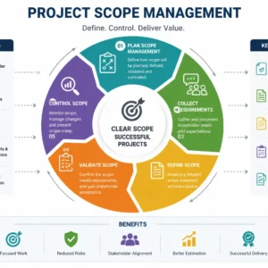 Professional Project Scope Management course image with scope and planning visuals