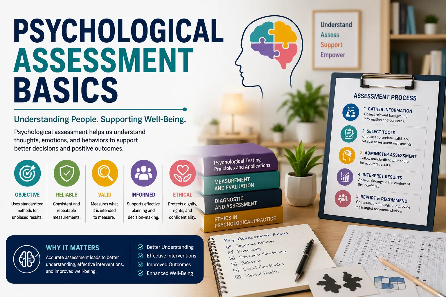 Professional Psychological Assessment Basics course image with testing and evaluation visuals