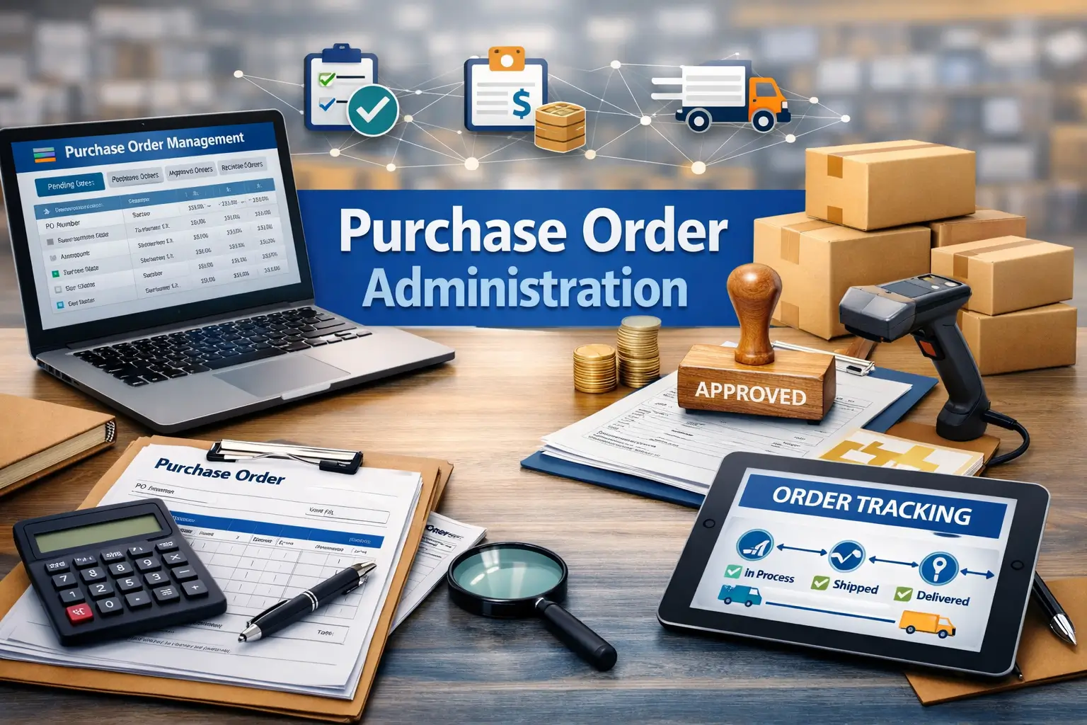 Professional course image for Purchase Order Administration with order tracking visuals