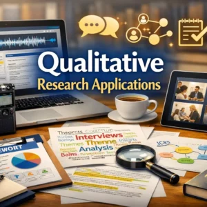 Educational course image for Qualitative Research Applications with interview and analysis visuals