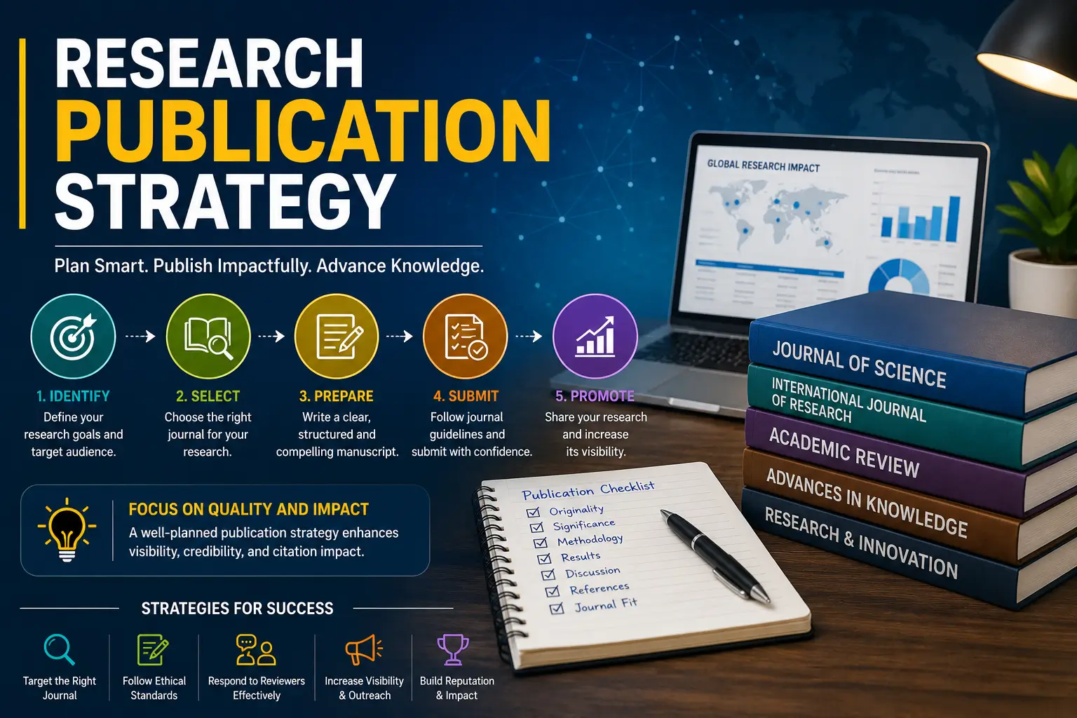 Professional Research Publication Strategy course image with academic publishing visuals