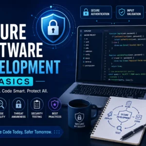 Educational banner for Secure Software Development Basics course with coding and security visuals