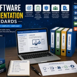 Educational banner for Software Documentation Standards course with structured documentation visuals