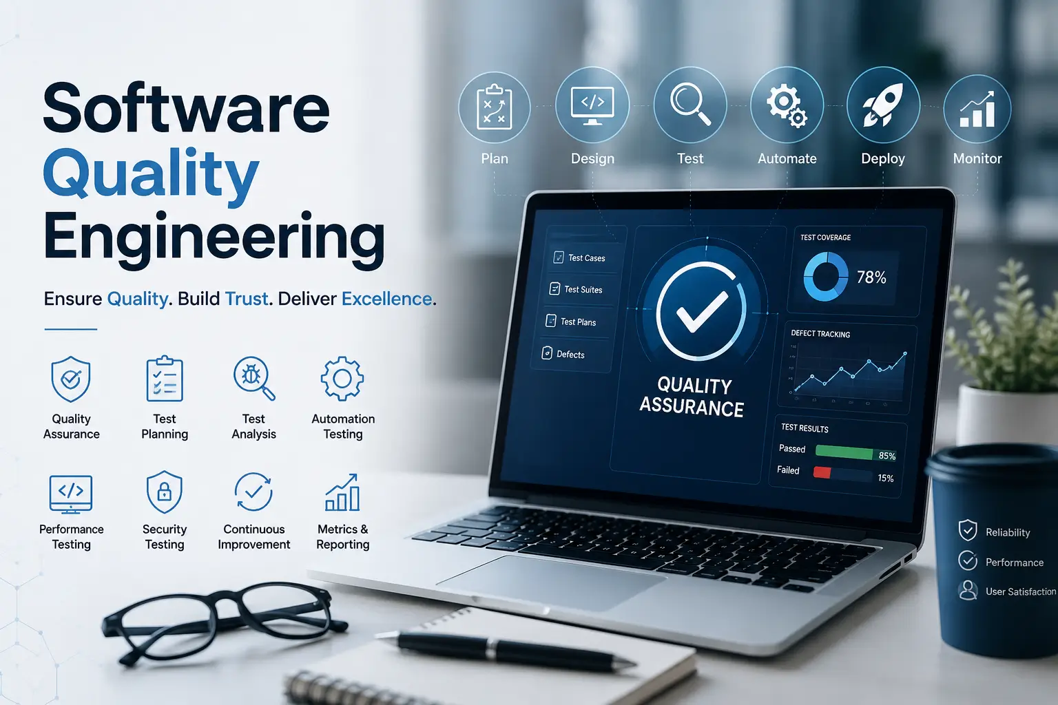 Educational banner for Software Quality Engineering course with testing and automation visuals