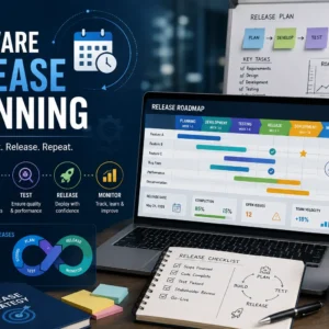 Educational banner for Software Release Planning course with agile and deployment visuals