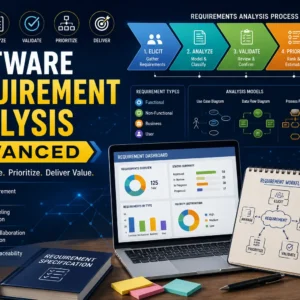 Educational banner for Software Requirement Analysis Advanced course with advanced analysis visuals