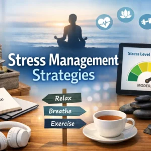 Professional Stress Management Strategies course image with calming visuals and workplace tools