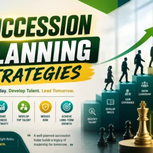 Educational banner for Succession Planning Strategies course with leadership and organizational visuals