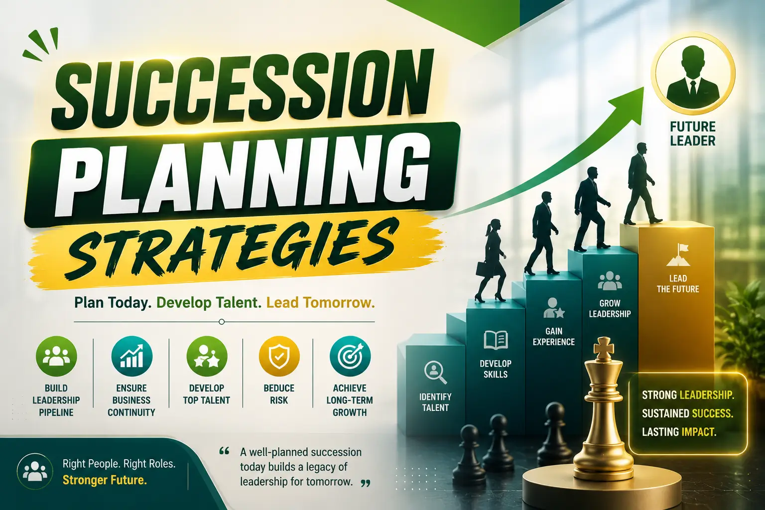 Educational banner for Succession Planning Strategies course with leadership and organizational visuals