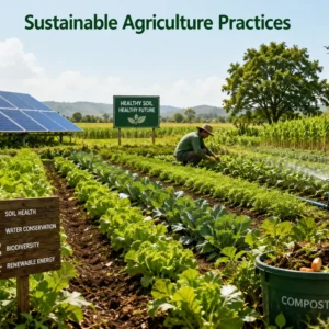 Professional banner showing Sustainable Agriculture Practices with eco-friendly farming visuals