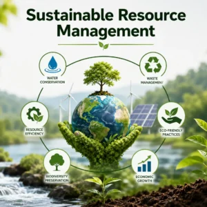 Modern educational banner for Sustainable Resource Management showing renewable energy and eco-friendly practices