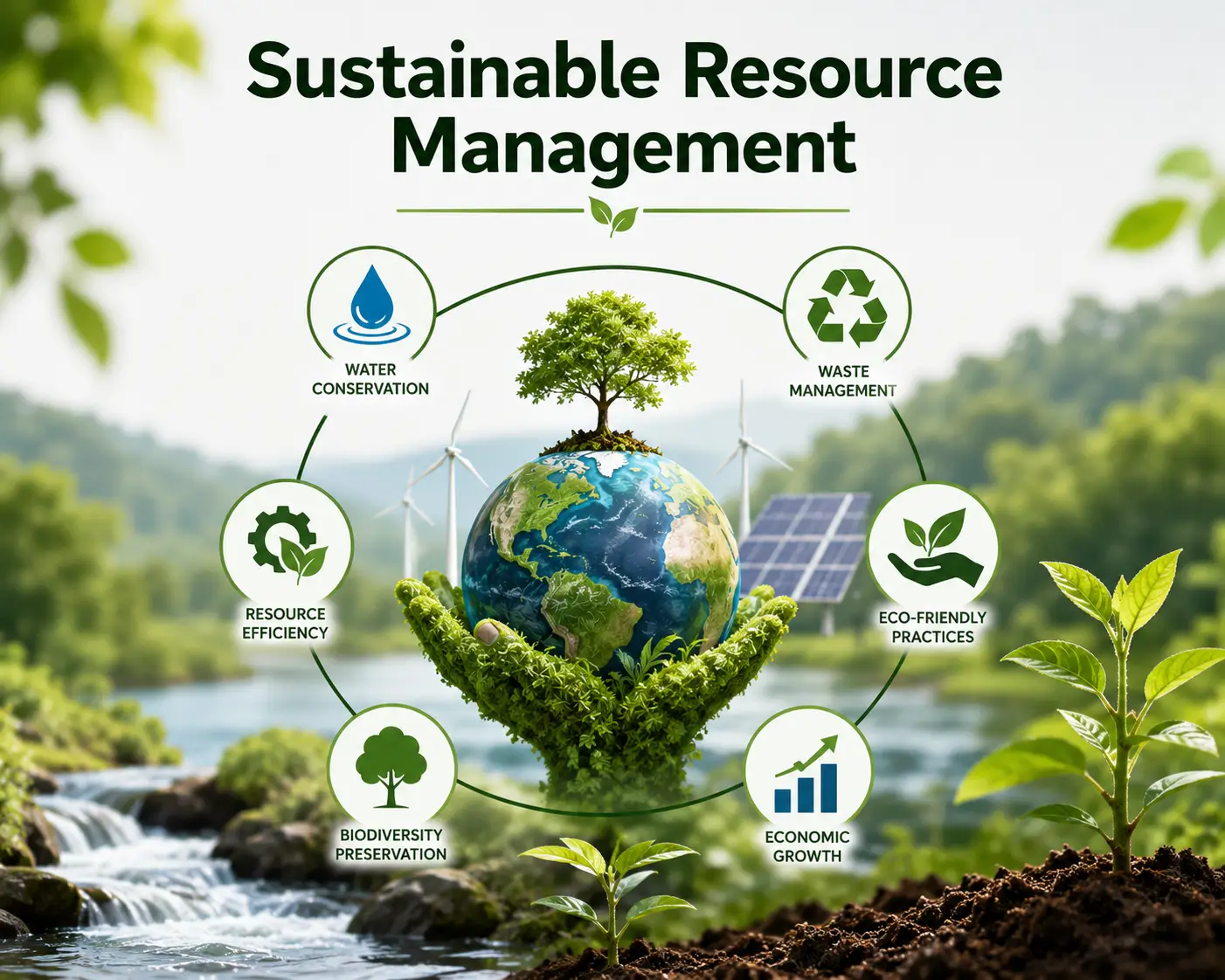 Modern educational banner for Sustainable Resource Management showing renewable energy and eco-friendly practices