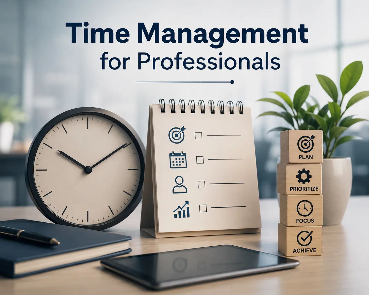 High-quality educational image for Time Management for Professionals course showing productivity and workplace skills