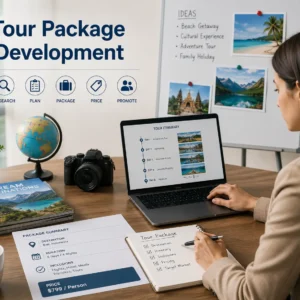 Professional educational course image for Tour Package Development with modern visuals
