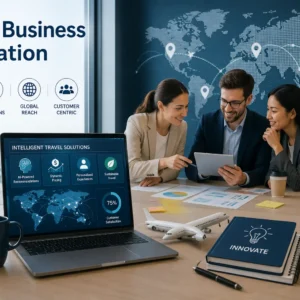 Professional course banner for Travel Business Innovation with e-learning visuals