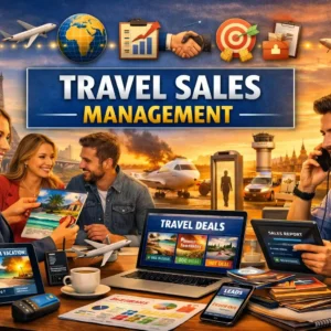 Professional Travel Sales Management course banner showing consultants, booking systems, and tourism sales strategy