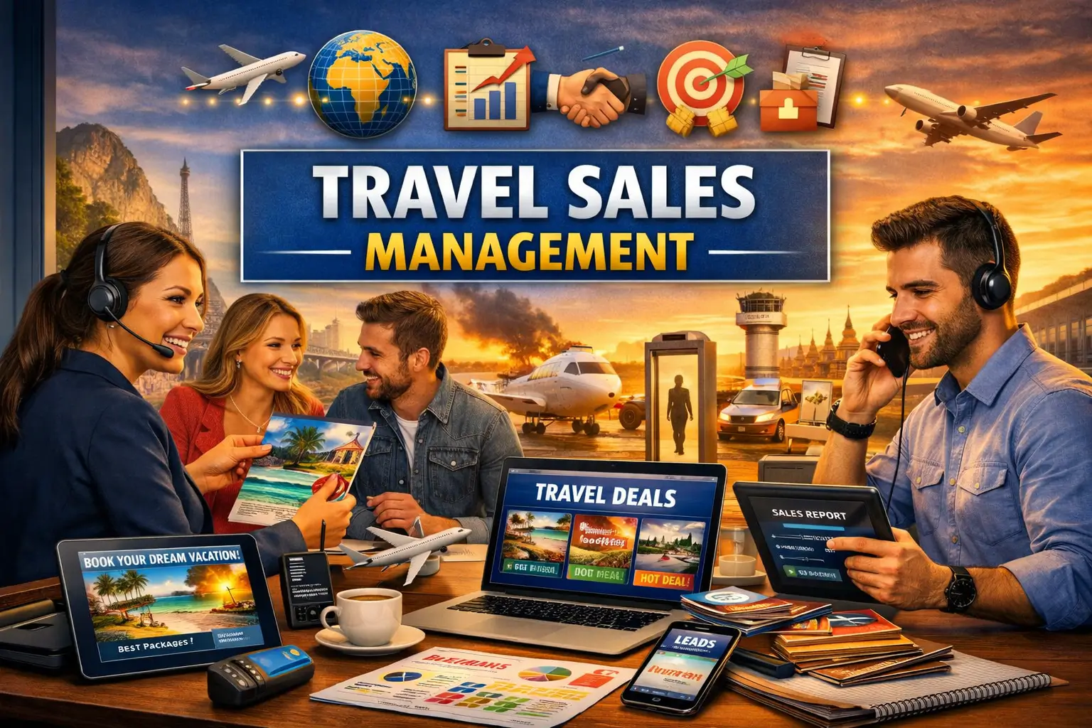 Professional Travel Sales Management course banner showing consultants, booking systems, and tourism sales strategy