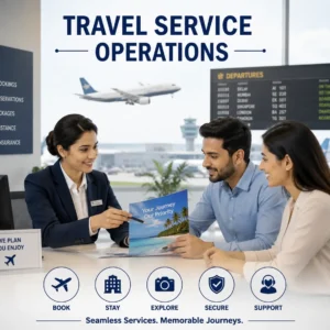 Professional Travel Service Operations course banner showing travel agents, booking systems, and customer service