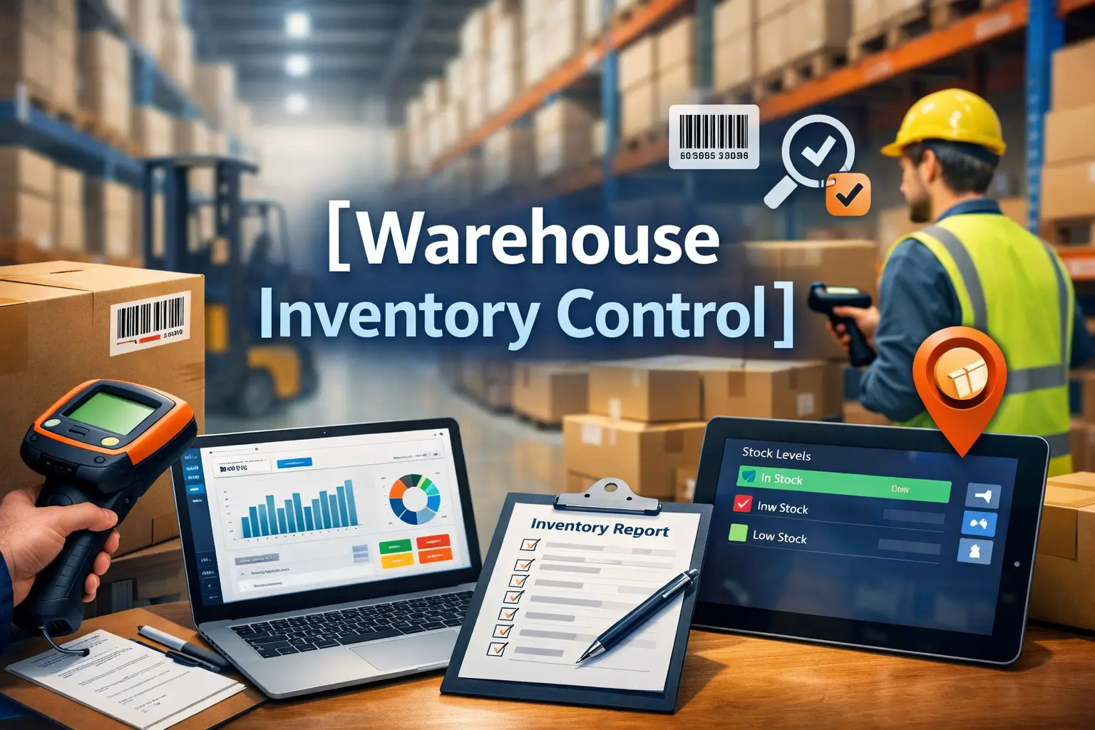 Professional Warehouse Inventory Control course image with inventory and logistics visuals