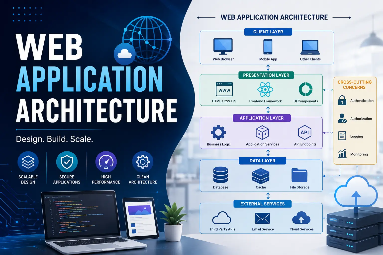 Educational banner for Web Application Architecture course with system design visuals