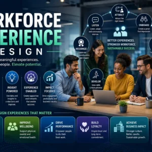 Educational banner for Workforce Experience Design course with workplace culture and employee engagement visuals