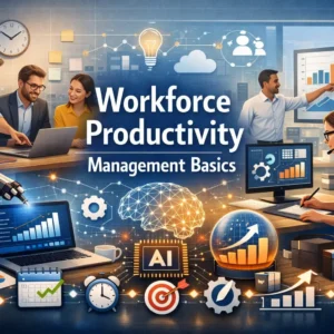 Educational banner for Workforce Productivity Management Basics course with teamwork and analytics visuals