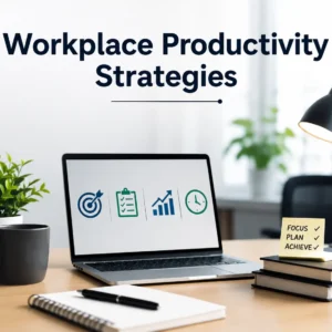 High-quality educational image for Workplace Productivity Strategies course showing teamwork and digital productivity tools