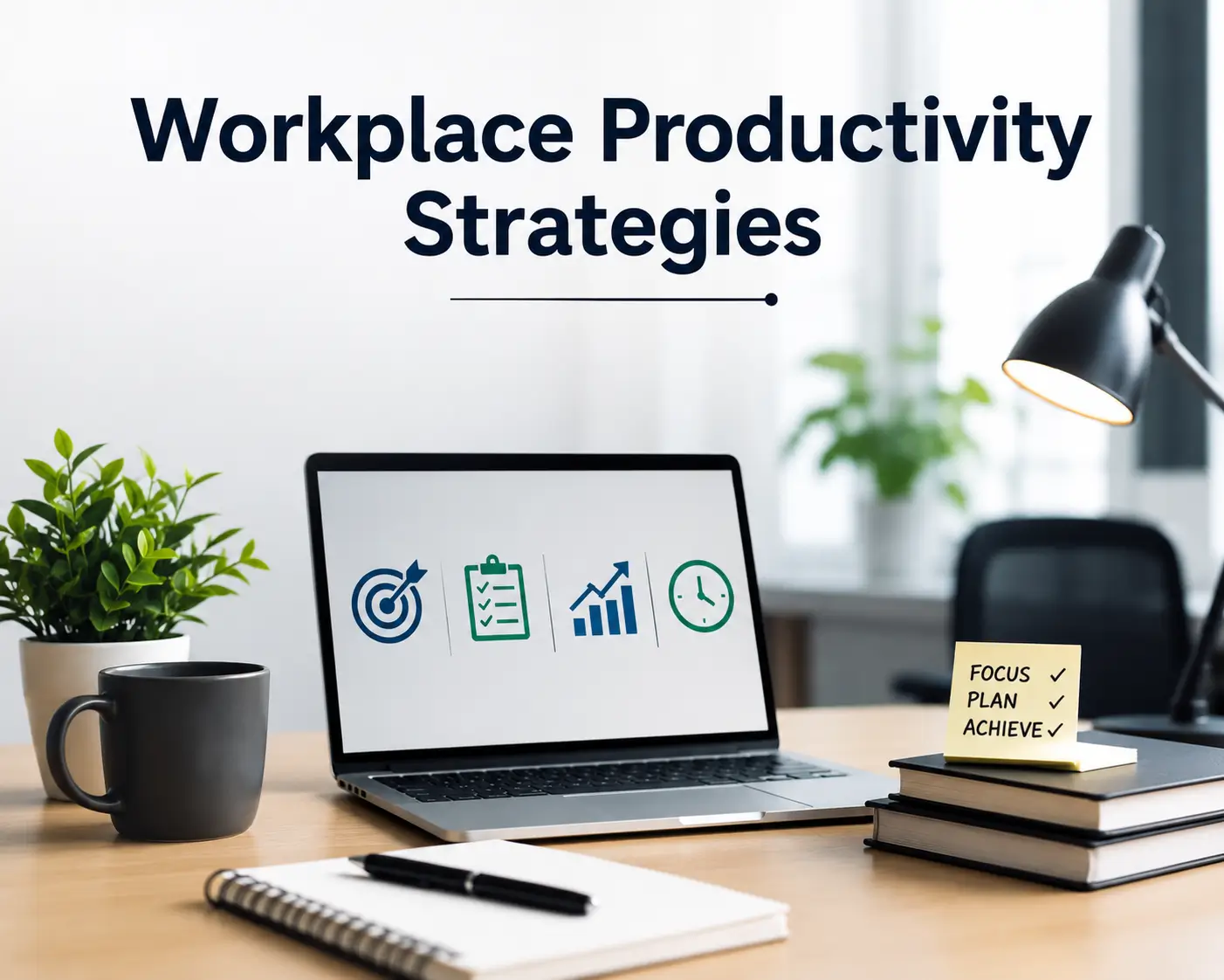 High-quality educational image for Workplace Productivity Strategies course showing teamwork and digital productivity tools