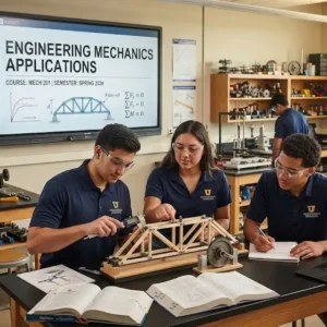 High-quality educational course image for Engineering Mechanics Applications with force diagrams and applied mechanics visuals.