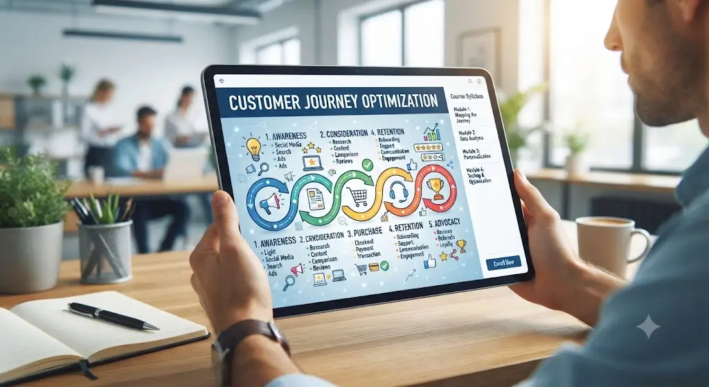 High-quality educational course image for Customer Journey Optimization with customer journey mapping and touchpoint improvement visuals.